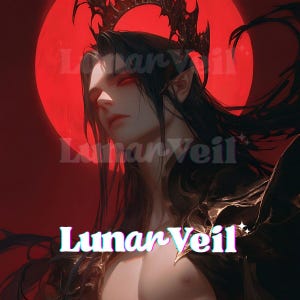 Pode incluir: Uma ilustração digital de uma figura com cabelos longos e escuros e orelhas pontudas, usando uma coroa escura e ornamentada contra um grande fundo circular vermelho. O texto Lunar Veil é exibido em letras brancas no centro da imagem.