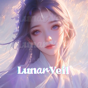 Op de afbeelding: Digitaal portret van een vrouw met lang, vloeiend lavendelkleurig haar en paarse ogen. Ze draagt een wit gewaad en delicate bloemen haaraccessoires. De tekst "Lunar Veil" staat onderaan de afbeelding.