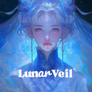 May include: Digital art of a woman with pale skin, blue eyes, and flowing white hair, adorned with a celestial crown and earrings. She wears a blue, high-collared garment. The image has a soft, ethereal quality, with the text "Lunar Veil" in the foreground.