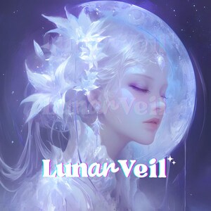 May include: Digital artwork depicting a woman with closed eyes, set against a glowing moon and adorned with floral details. The image uses a soft palette of blues and purples, with the text "Lunar Veil".