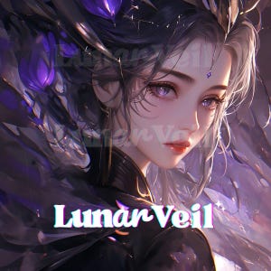 Op de afbeelding: Digitale kunst van een vrouw met lang, donker haar en paarse ogen. Ze draagt een zwarte outfit met een hoge kraag en een versierd hoofddeksel. De tekst "Lunar Veil" staat in wit en blauw onderaan de afbeelding.