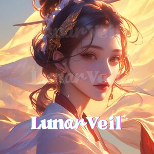 以下が含まれることがあります： 伝統的なアジア風の髪型をした、黒髪の女性のデジタルイラスト。金色のヘアアクセサリーで飾られています。「Lunar Veil」の文字が前景にあり、白と赤の衣装を着ています。背景は柔らかい金色です。