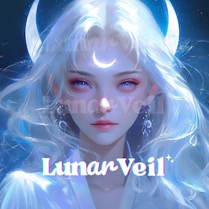 May include: Digital artwork featuring a woman with long, flowing white hair and blue eyes. A crescent moon is on her forehead, with a larger moon shape behind her. The text "Lunar Veil" is displayed in a colourful, stylised font.