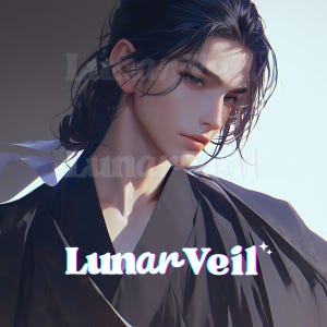May include: Digital art portrait of a person with long, dark hair and light eyes, wearing a black garment. The image has a soft, artistic style with the text "Lunar Veil" in a stylized font.