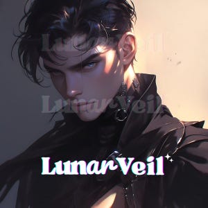 以下が含まれることがあります： 黒い髪と青い目の人物が黒い衣装を着ているデジタルアートの肖像画。画像には、様式化されたフォントで「Lunar Veil」というテキストがあります。アートワークは柔らかく光る効果があります。