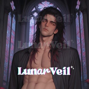 Könnte beinhalten: Eine digitale Illustration einer Person mit langem dunklem Haar und bernsteinfarbenen Augen, die ein aufgeknöpftes schwarzes Hemd trägt. Der Text Lunar Veil ist in weißer Schrift mit einem leichten chromatischen Aberrationseffekt zu sehen.