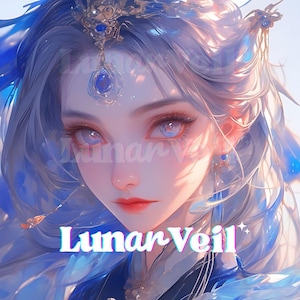 May include: Digital artwork of a woman with long, flowing blue and silver hair, wearing a jeweled headpiece and earrings. Her eyes are a striking blue and pink, with the text "Lunar Veil" across the bottom.