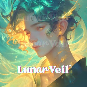 May include: Digital artwork featuring a person with teal and gold hair and golden eyes, set against a backdrop of teal and gold hues. The image has a soft, dreamlike quality. The text "Lunar Veil" is displayed in the lower portion of the image.
