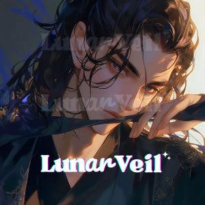 May include: Digital artwork featuring a person with long, dark hair and purple eyes. The person is dressed in dark clothing and holding a dark fabric. The text "LunarVeil" is displayed in a colourful font.