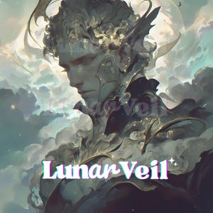 Puede incluir: Arte digital de una figura serena con piel pálida, orejas puntiagudas y tocado ornamentado, sobre un cielo nublado. La figura está adornada con detalles intrincados y una capa fluida. El texto "Lunar Veil" se muestra en una fuente estilizada.
