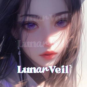 Op de afbeelding: Digitaal kunstportret van een persoon met lang donker haar en paarse ogen. De afbeelding bevat de tekst "Lunar Veil" in een gestileerd lettertype. De lippen van de persoon zijn felrood en de algehele esthetiek is zacht en etherisch.