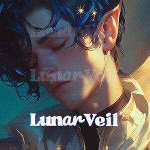 Könnte beinhalten: Digitale Kunst eines Menschen mit dunkelblauen Locken, spitzen Ohren und geschlossenen Augen. Zwei goldene Sternakzente befinden sich im Haar. Der Text "Lunar Veil" wird in einer stilisierten Schriftart angezeigt.