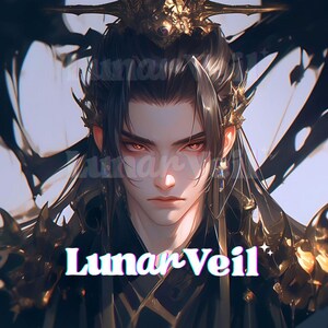May include: Digital art of a person with long black hair, red eyes, and ornate gold headwear. The person is wearing a black outfit with gold accents. The text "Lunar Veil" is displayed in white and blue.