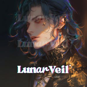 May include: An artistic digital illustration of a person with long, dark blue hair and golden eyes. The person is wearing a black garment with ornate gold detailing and a star-shaped earring. The text "Lunar Veil" is displayed in a glowing font.