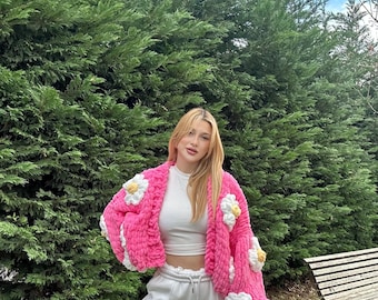 Hand Knitted Chunky Cardigan, Puffy Yarn Crochet Cardigan, Oversized Cozy Women’s Knitwear, Handmade Gift