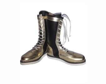 Custom Black Gold Wrestling Boots | Handmade Genuine Leather Long Pro Wrestling Shoes Lace Up
