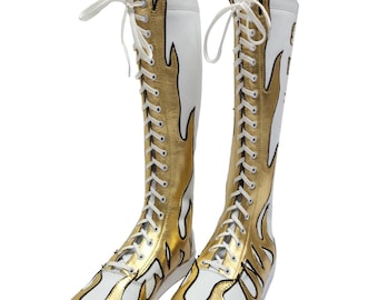 White Gold Flame Wrestling Boots – Handmade Leather Pro Wrestling Shoes, Lace-Up