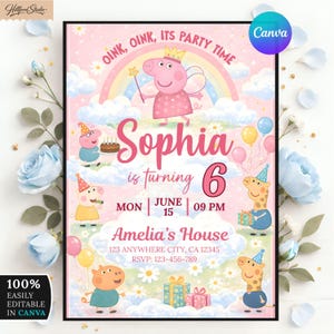 Peppa Pig Birthday Invitation, Kids Party Invite, Editable Canva Template (5x7)