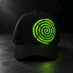 May include: A black baseball cap featuring a prominent, bright neon green spiral graphic printed on the front panel. The cap has a structured crown, a curved brim with visible stitching, and a button at the top centre of the fabric dome.