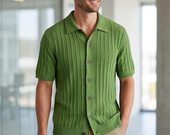 Banana Republic Mens XL Knit Shirt Green Wide Rib Button Front Short Sleeve NWT
