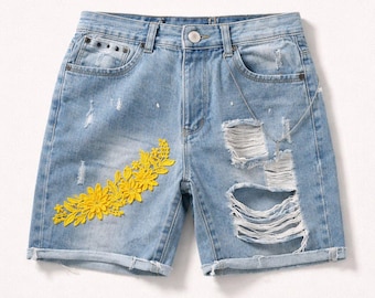 Womens Hand Crafted Ripped Denim Shorts Size 10 Retro Vibe Stainless Steel Embellishments