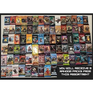 May include: A collection of Magic: The Gathering card packs, featuring various sets like Zendikar, Ikoria, and Theros. The image includes text stating that three random packs will be received from the assortment.