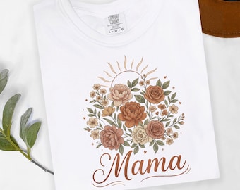 Boho Mama Shirt, Mother’s Day Wildflower Design, Line Art Sun Graphic, Earth Tone Boutique Tee, Minimal Floral Gift