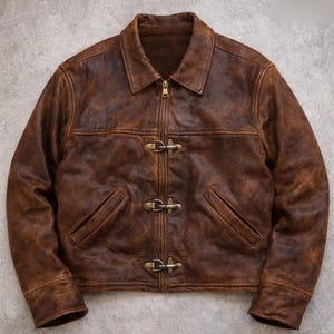 Giacca da pompiere in pelle vintage anni '80 con fibbia – Bomber in pelle bovina marrone stile industriale gotico steampunk
