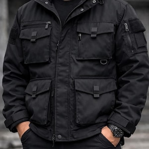 Limited Edition Black Cargo Jacket for Men – Tactical Streetwear – Polyester Utility Coat with Multi Pockets