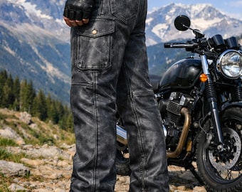 Handgemaakte heren leren bikerbroek Echte koeienhuid verontruste motorfiets leren broek Robuuste Cafe Racer grijze rijbroek voor mannen custom