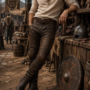 Pode incluir: Uma camisa henley bege de manga comprida combinada com calças de couro castanho escuro com painéis reforçados nos joelhos, um cinto de couro a condizer e botas de couro castanho escuro. As calças têm um corte justo com costuras visíveis.
