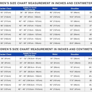 May include: A size chart table with blue headers displaying measurements in inches and centimeters for jackets. The text includes MEN'S SIZE CHART MEASUREMENT IN INCHES AND CENTIMETER and WOMEN'S SIZE CHART MEASUREMENT IN INCHES AND CENTIMETER.