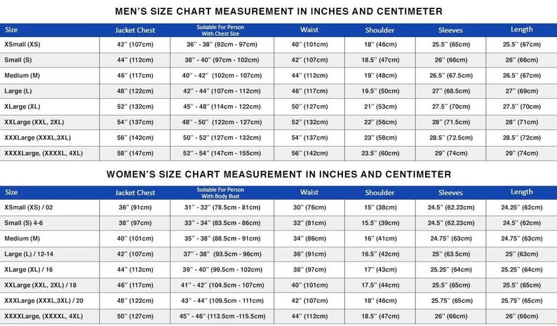 May include: A size chart table with blue headers displaying measurements in inches and centimeters for jackets. The text includes MEN'S SIZE CHART MEASUREMENT IN INCHES AND CENTIMETER and WOMEN'S SIZE CHART MEASUREMENT IN INCHES AND CENTIMETER.