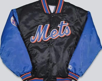 Handmad 90s Blue & Black Satin Varsity Jacket | New York Vintage Baseball Style Full-Snap Jacket | Embroidered Varsity Jacket