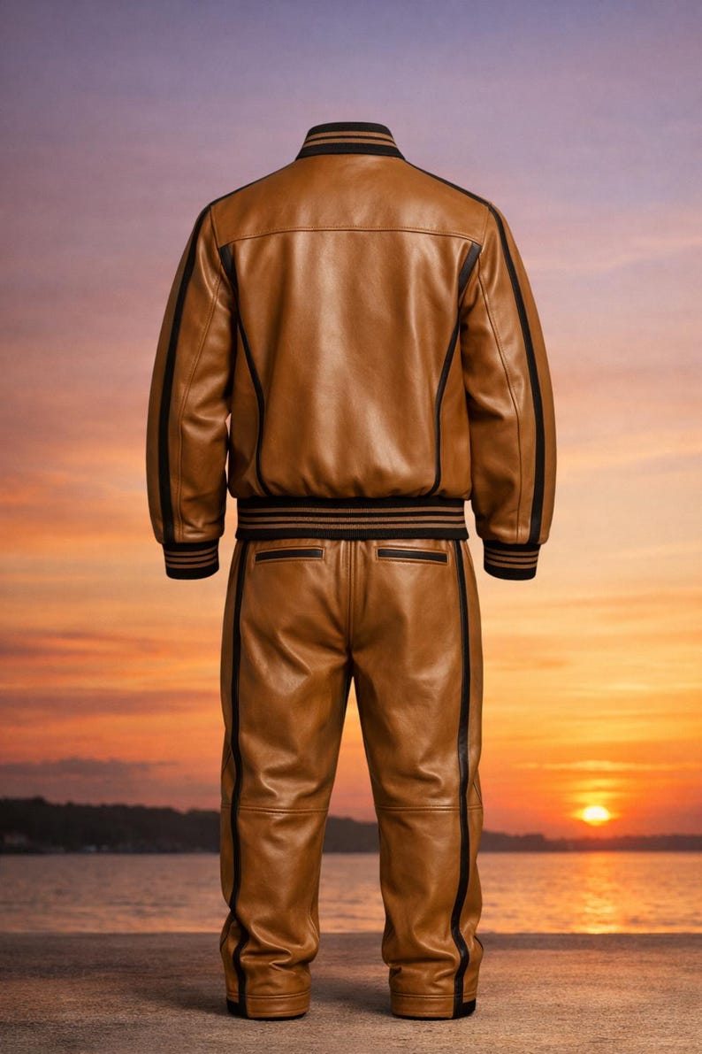 Pu&ograve; includere: Un completo giacca e pantaloni in pelle marrone. La giacca presenta strisce nere sulle maniche e un colletto e cintura a righe nere e marroni. I pantaloni hanno strisce nere sui lati. Il completo &egrave; mostrato su uno sfondo di tramonto.
