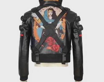 Handmade Futuristic Black Leather Bomber Jacket | Retro Gamer‑Inspired Streetwear Cosplay Coat