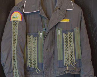 Handmade Vintage Flight Jacket | Retro Utility Cotton jacket with Patches & Asymmetrical Zipper