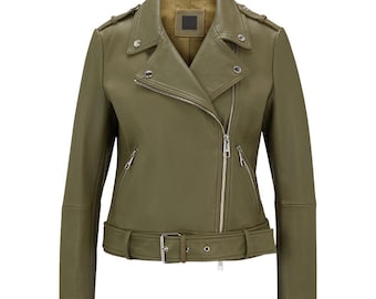 Green Leather Biker Jacket Women, Moto Zip Up Belted Motorcycle Coat Slim Fit