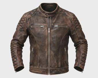 Handmade Cowhide Leather Biker Jacket: Vintage Cafe Racer Bomber