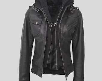 Womens Black Lambskin Leather Bomber Jacket – Removable Hood