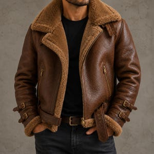 May include: A brown leather jacket with a thick tan shearling lining and collar. The jacket features a wide lapel, two zippered pockets on the front, and adjustable buckled straps on the cuffs and waist. It is worn over a black shirt and jeans.