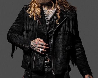 Men’s Cowboy Suede Leather Jacket with Fringe | Western Vintage Leather Jacket | Handmade Embroidered Ranch Jacket | Boho Biker Coat
