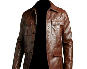 Mens Western Cowboy Leather Blazer, Genuine Brown Cowhide Jacket, Classic Ranch Wear Coat for Men