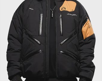 Handmade Hooded Puffer Jacket | Red Winter Sportswear Coat with Multiple Zippered Pockets