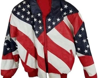 Vintage 90s USA Flag Leather Bomber Jacket