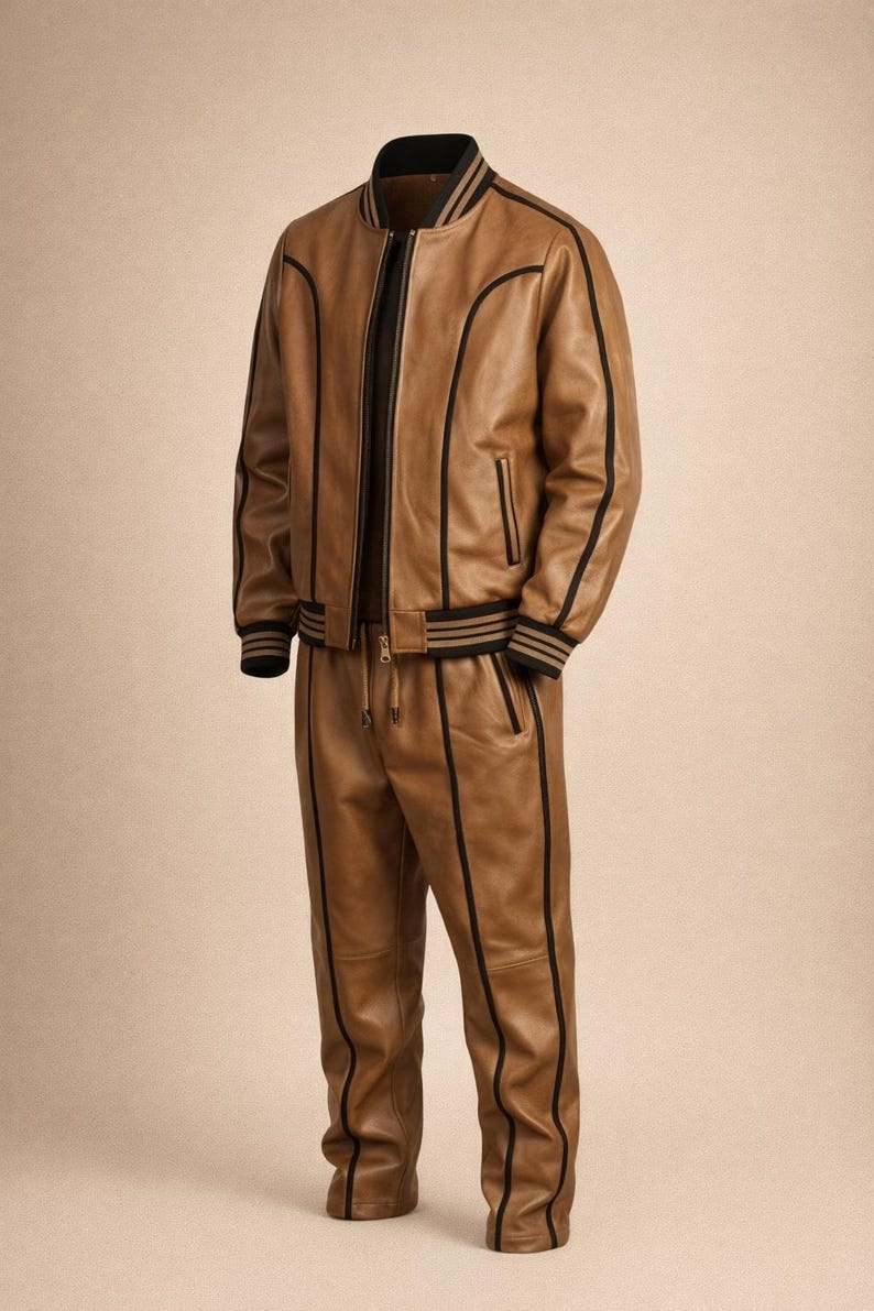 Pu&ograve; includere: Una tuta in pelle marrone chiaro composta da un bomber e pantaloni abbinati. La giacca ha strisce nere e un colletto nero. I pantaloni hanno una vita con coulisse e strisce nere sui lati. L'outfit &egrave; in pelle.