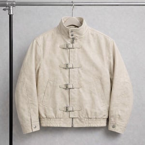 May include: A cream-colored leather jacket featuring a high collar with a snap button closure, long sleeves with snap cuffs, and a front placket secured by four silver-toned metal buckles. The jacket includes two side pockets and a ribbed hem.