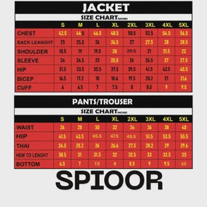 Pu&ograve; includere: Una tabella delle taglie per giacche e pantaloni, con misure in pollici. La tabella include taglie dalla S alla 5XL, dettagliando petto, lunghezza schiena, spalla, manica, fianchi, bicipite e polsino per giacche, e vita, fianchi, coscia, orlo e fondo per pantaloni.