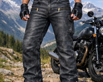 Ręcznie robione męskie skórzane spodnie motocyklowe z prawdziwej skóry bydlęcej, zniszczone, wytrzymałe, szare spodnie motocyklowe Cafe Racer dla mężczyzn, szyte na miarę