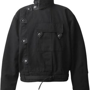 May include: A black jacket featuring a high collar with a faux fur lining, an asymmetrical front closure secured by multiple buttoned tabs, a single chest pocket with a buttoned flap, and an adjustable strap at the hemline for a fitted look.